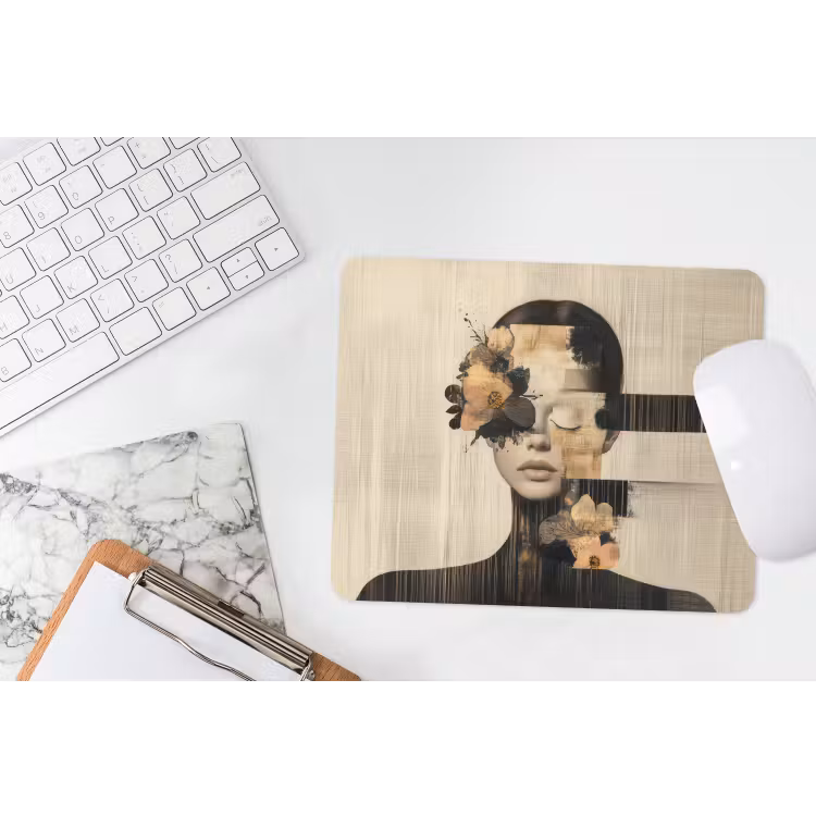 Gezicht - Bloemen - Zwart - Vrouw muismat rubber klein -witbureau