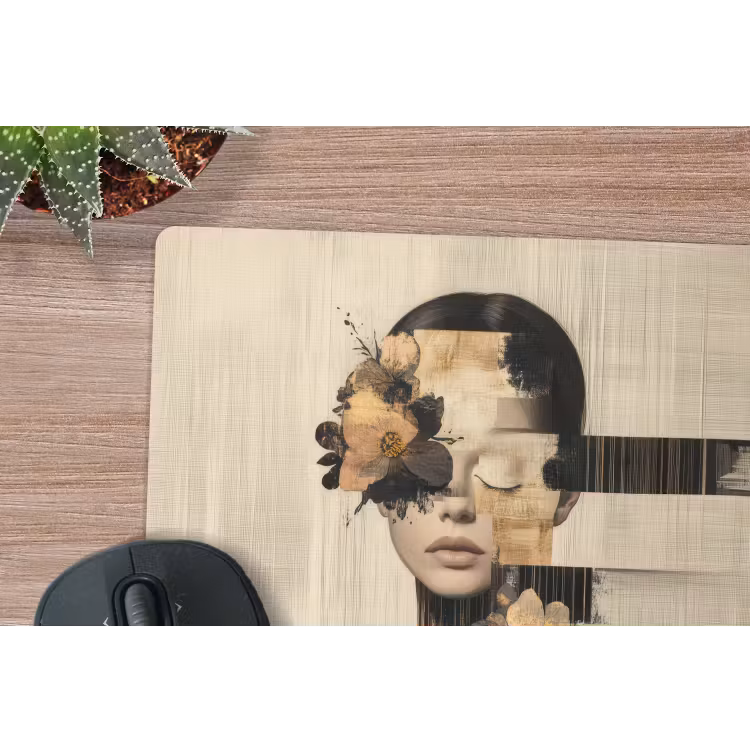 Gezicht - Bloemen - Zwart - Vrouw muismat rubber klein -closeup