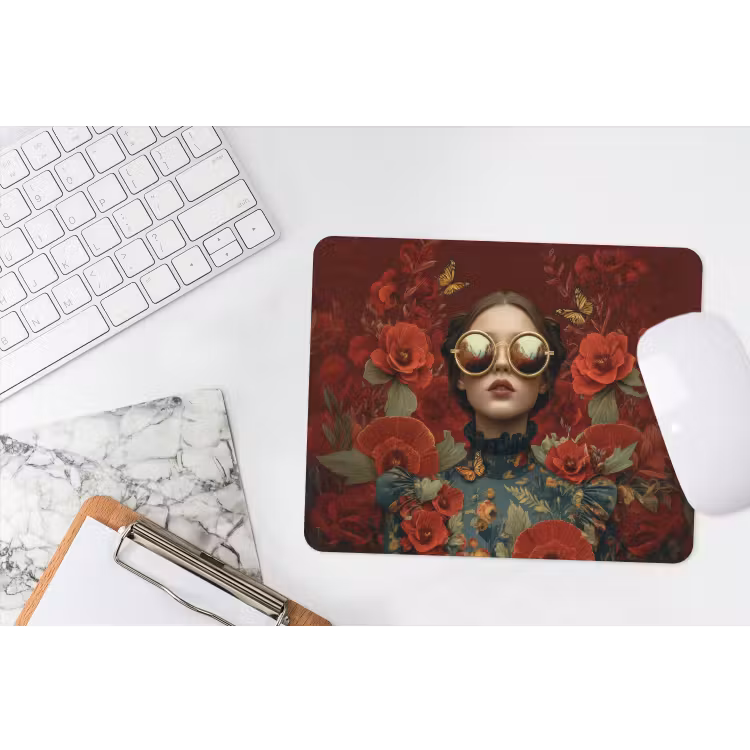 Bloemen - Dieprood - Zonnebril - Vrouw muismat rubber klein -witbureau