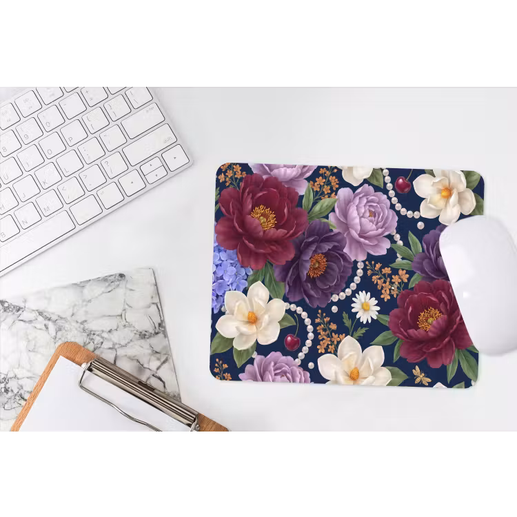Bloemen - Parels - Decoratie - Modern - Blauw muismat rubber klein -witbureau