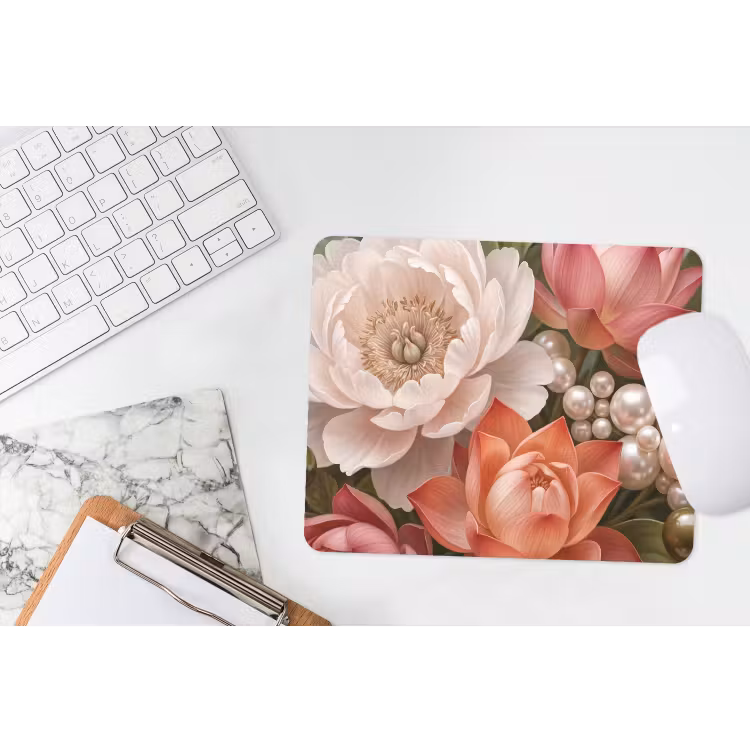 Bloemen - Parels - Elegant - Roze - Wit muismat rubber klein -witbureau