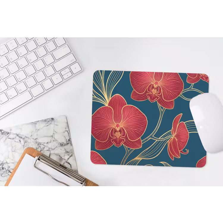 Mouse Pad - Flowers - Red - Gold - Bloemen - Rood - Goud muismat rubber klein