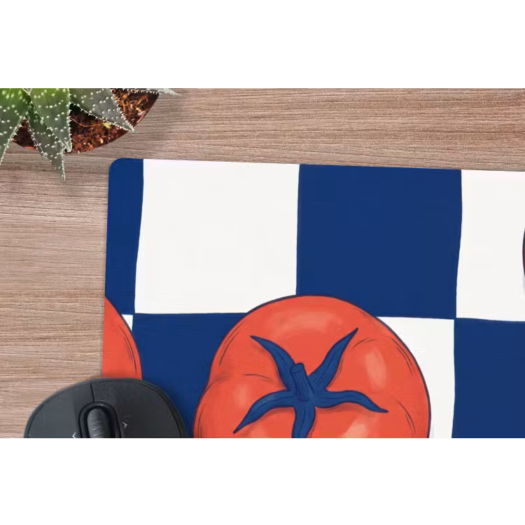 Eten - Tomaten - Keuken - Illustratie - Rood-Blauw muismat rubber klein -closeup