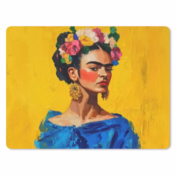 Frida Kahlo - Vrouw - Geel - Blauw - Bloemen muismat rubber klein -3d