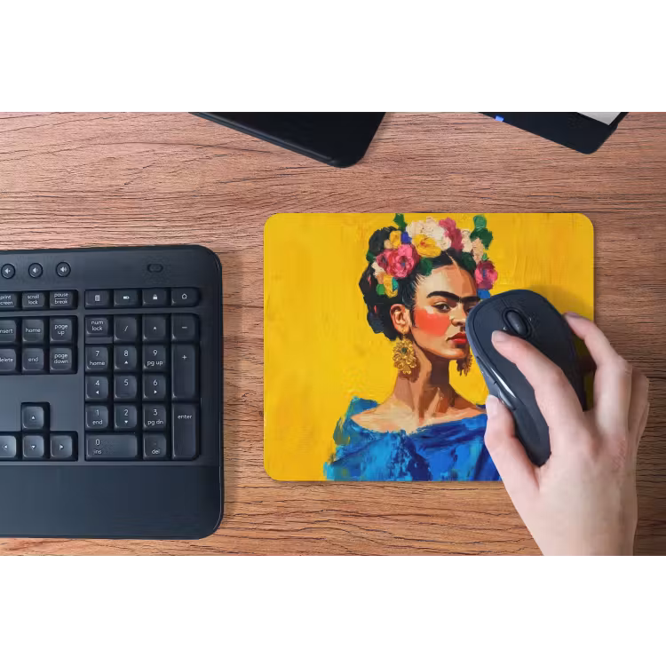 Frida Kahlo - Vrouw - Geel - Blauw - Bloemen muismat rubber klein -toetsenbord