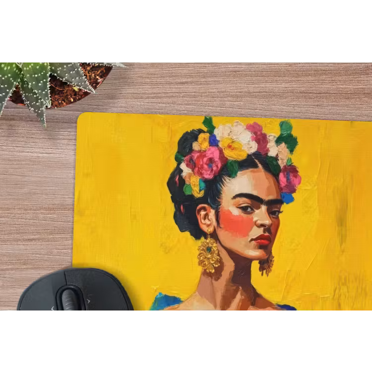 Frida Kahlo - Vrouw - Geel - Blauw - Bloemen muismat rubber klein -closeup