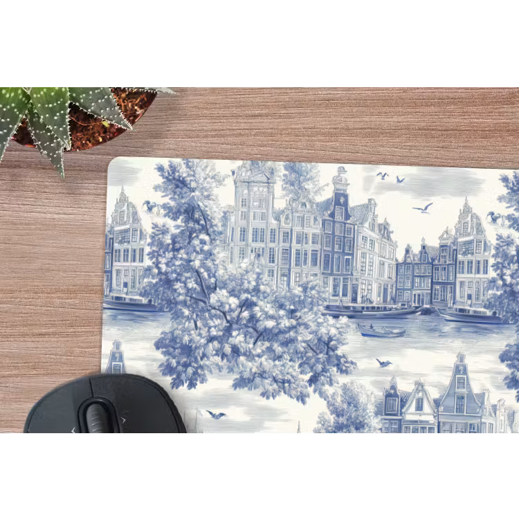 Huizen - Bomen - Water - Vogels - Blauw muismat rubber klein 262 -closeup