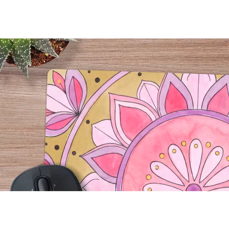 Mandala - Patroon - Kunst - Aquarel - Roze muismat rubber klein -closeup
