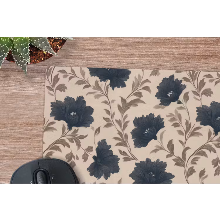 Motief - Bloemen - Zwart - Beige muismat rubber klein 262 -closeup