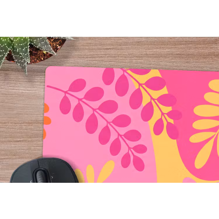 Natuur - Bladeren - Abstract - Roze - Geel muismat rubber klein -closeup