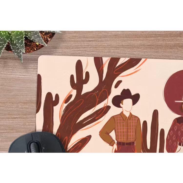 Mensen - Cowboykleding - Westerse stijl - Illustratie - Bruin muismat rubber klein -closeup