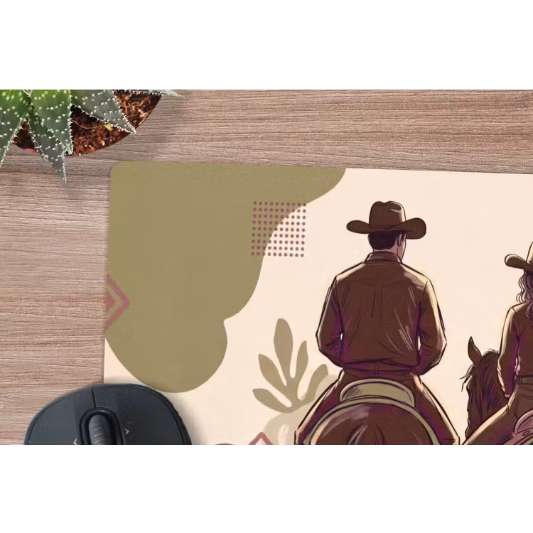 Mensen - Ruiters - Western - Illustratie - Bruin muismat rubber klein -closeup