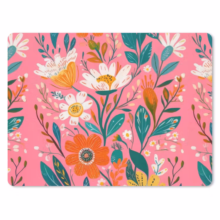 Roze - Bloemen - Wit - Oranje muismat rubber klein -3d