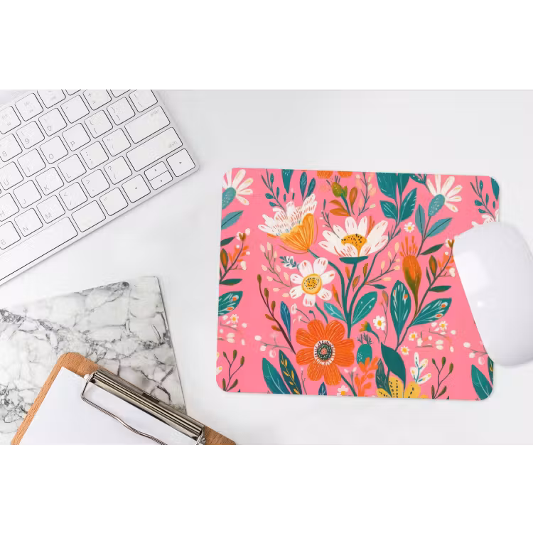 Roze - Bloemen - Wit - Oranje muismat rubber klein -witbureau
