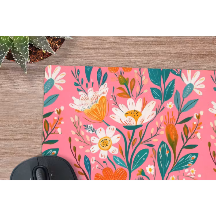 Roze - Bloemen - Wit - Oranje muismat rubber klein -closeup