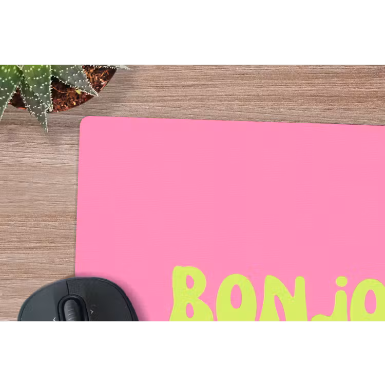 Roze - Groene bonjour - Organisch muismat rubber klein -closeup
