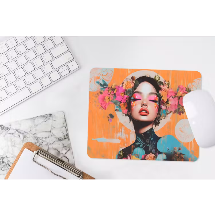 Portret - Vrouw - Abstract - Bloemen muismat rubber klein -witbureau