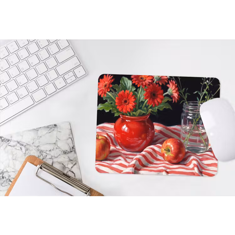 Mouse Pad - Red Flowers - Vase - Rode bloemen - Vaas muismat rubber klein