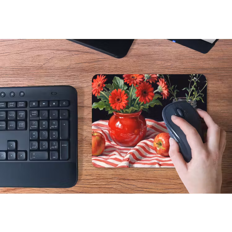 Mouse Pad - Red Flowers - Vase - Rode bloemen - Vaas muismat rubber klein
