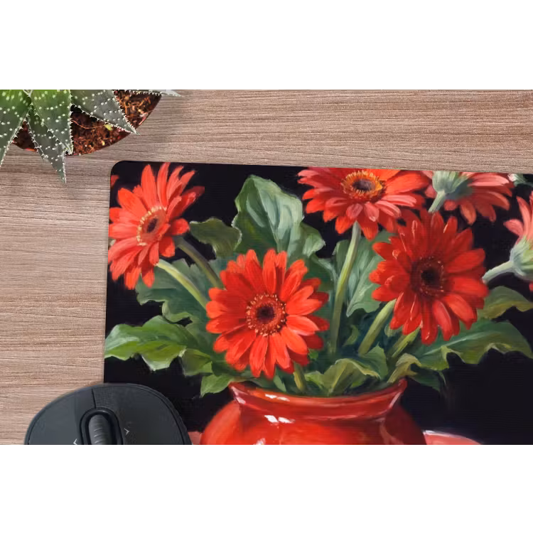 Mouse Pad - Red Flowers - Vase - Rode bloemen - Vaas muismat rubber klein