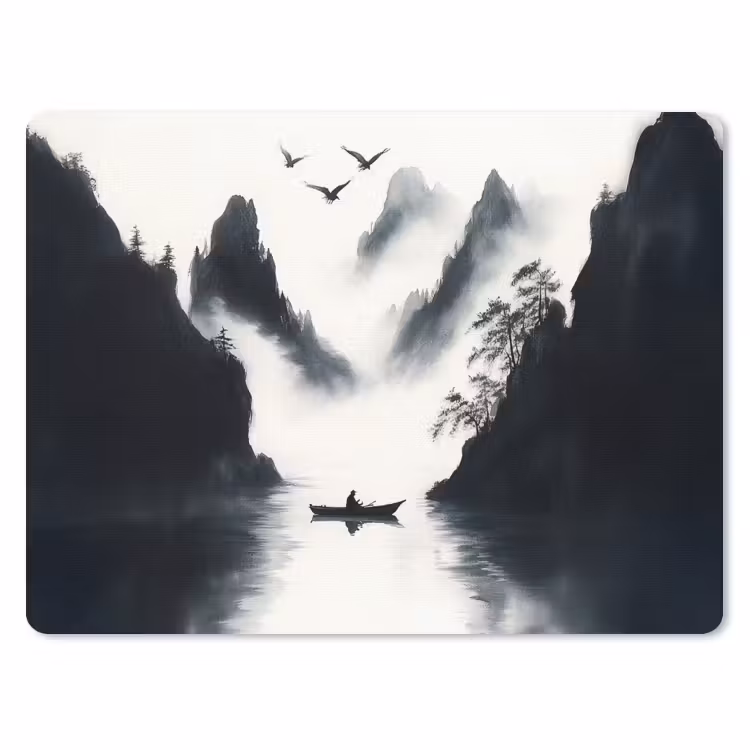 Roeiboot - Mistig - Bergen - Vogels muismat rubber klein -3d