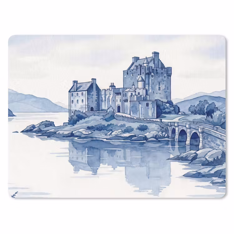 Schots - Kasteel - Blauw - Aquarel muismat rubber klein -3d