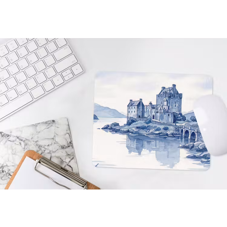 Schots - Kasteel - Blauw - Aquarel muismat rubber klein -witbureau