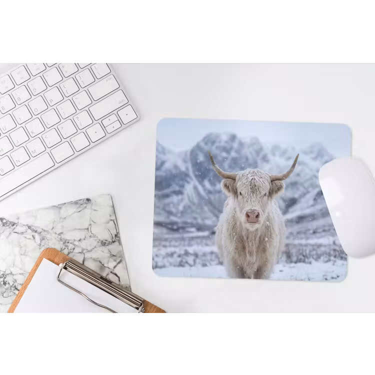 Schotse Hooglander - Sneeuw - Bergen - Winter muismat rubber klein -witbureau