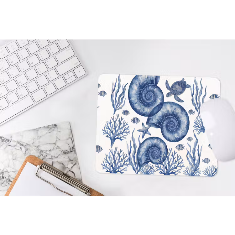 Schelp - Spiraal - Zeeleven - Aquarel - Blauw muismat rubber klein -witbureau