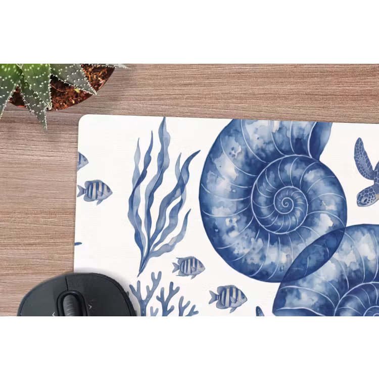 Schelp - Spiraal - Zeeleven - Aquarel - Blauw muismat rubber klein -closeup