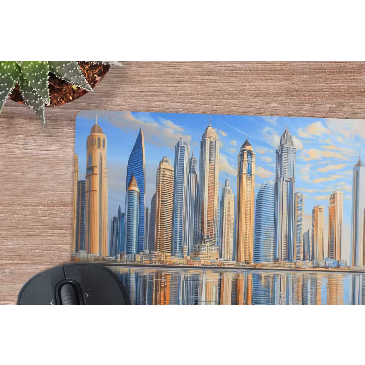 Skyline - Wolkenkrabbers - Water - Blauw muismat rubber klein -closeup