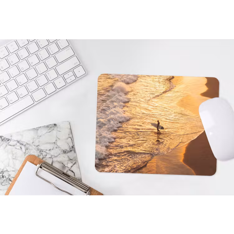 Surfer - Strand - Zonsondergang - Oceaan - Goud muismat rubber klein -witbureau