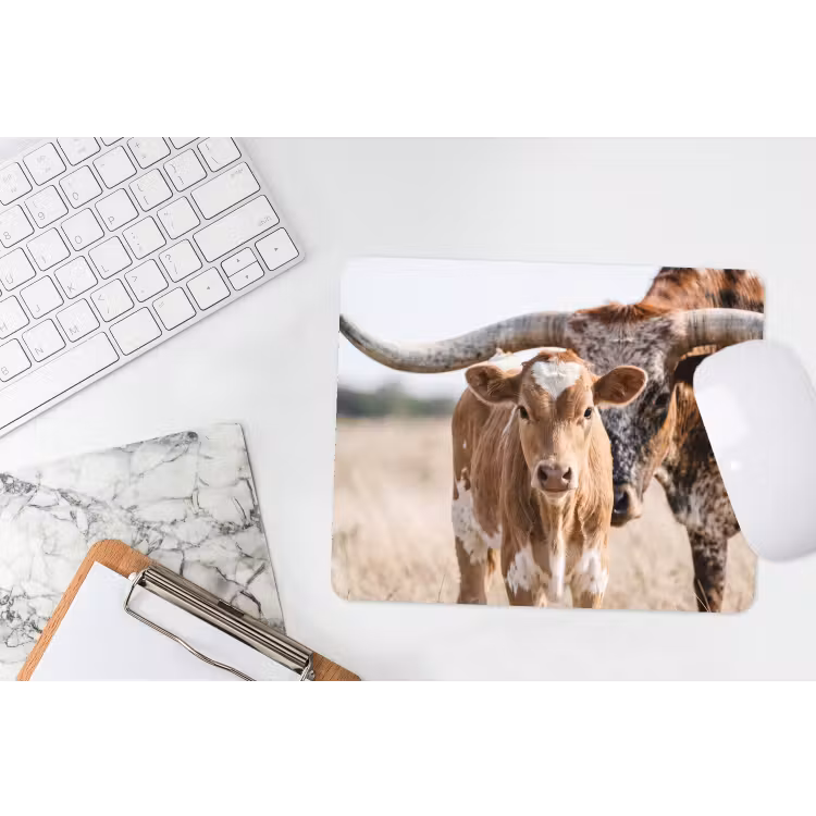 Texas Longhorn - Kalf - Weide - Dieren muismat rubber klein -witbureau