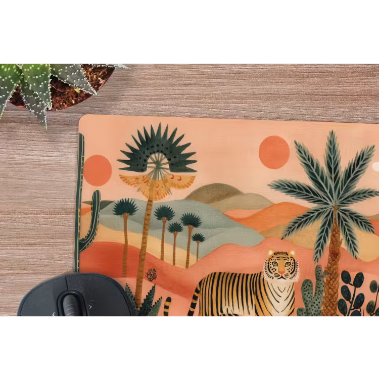 Tijger - Kleurrijk - Palmen - Cactus muismat rubber klein -closeup