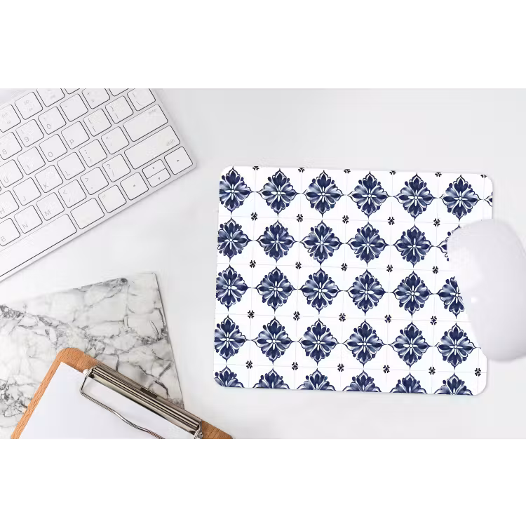 Tegelmotief - Blauw - Wit - Bloem muismat rubber klein 262 -witbureau