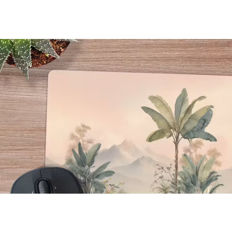 Tropisch landschap - palmbomen - Bloemen - Roze lucht muismat rubber klein -closeup