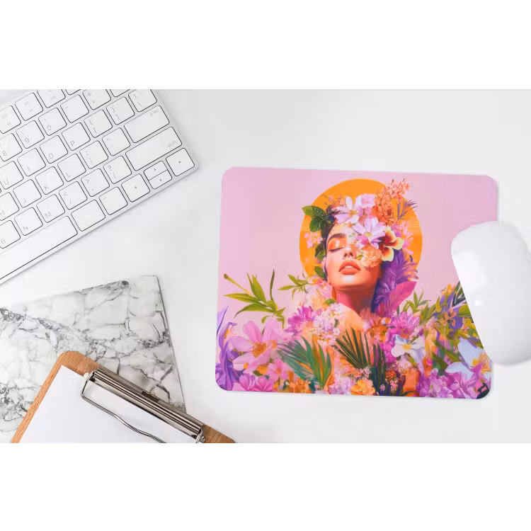 Vrouw - Abstract - Cirkel - Bloemen muismat rubber klein -witbureau