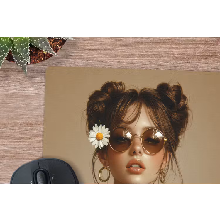 Vrouw - Beige - Bloem - Modern - Portret muismat rubber klein -closeup