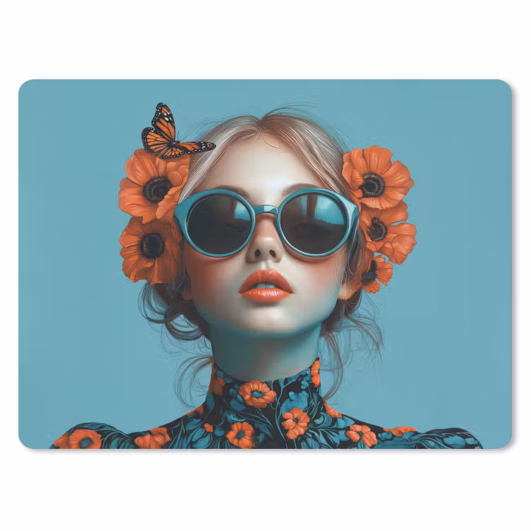 Vrouw - Blauw - Vlinder - Bloemen - Aesthetic muismat rubber klein -3d