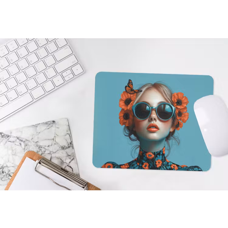 Vrouw - Blauw - Vlinder - Bloemen - Aesthetic muismat rubber klein -witbureau