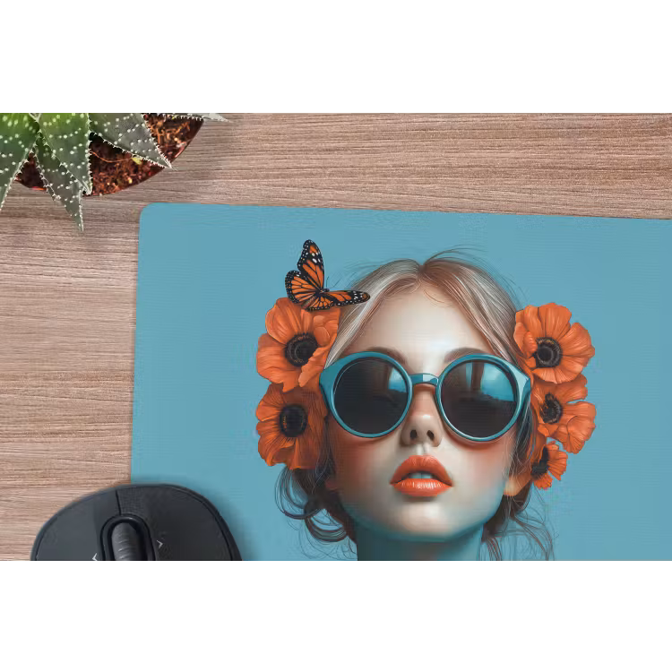 Vrouw - Blauw - Vlinder - Bloemen - Aesthetic muismat rubber klein -closeup