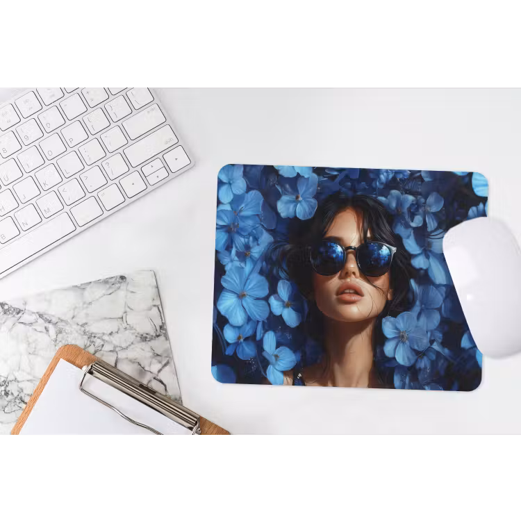 Vrouw - Blauw - Bloemen - Vlinders - Natuur muismat rubber klein -witbureau