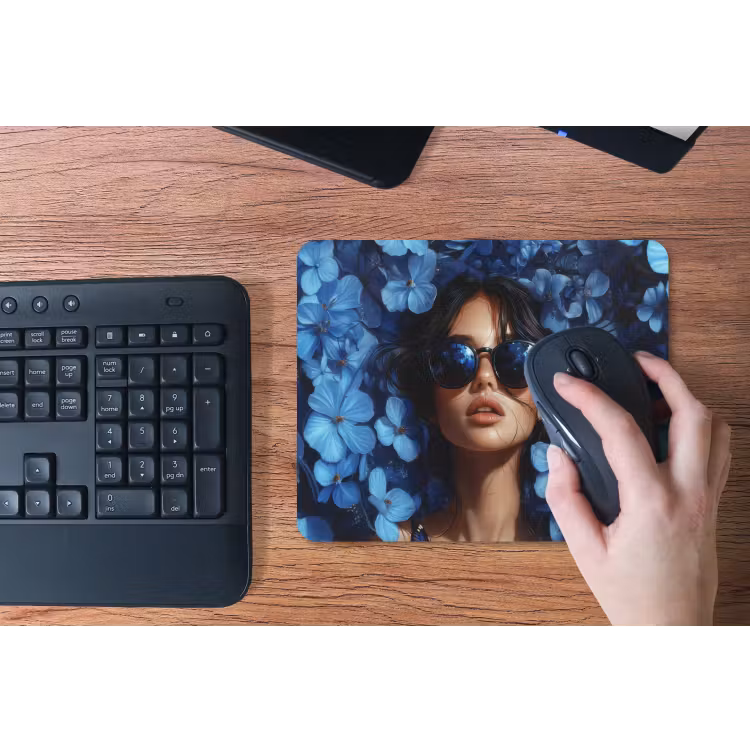 Vrouw - Blauw - Bloemen - Vlinders - Natuur muismat rubber klein -toetsenbord