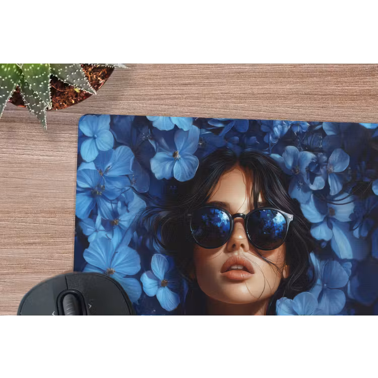 Vrouw - Blauw - Bloemen - Vlinders - Natuur muismat rubber klein -closeup