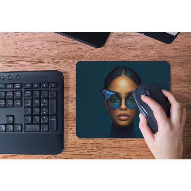 Vrouw - Vlinder - Bril - Blauw - Modern - Portret muismat rubber klein -toetsenbord