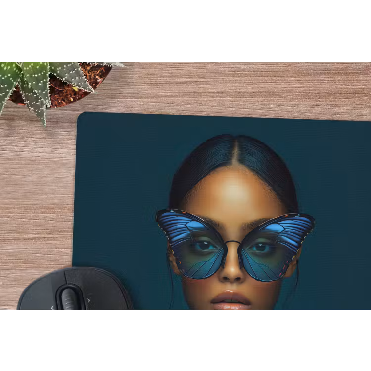 Vrouw - Vlinder - Bril - Blauw - Modern - Portret muismat rubber klein -closeup