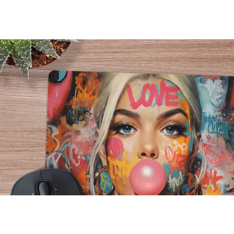 Vrouw - Kauwgom - Graffiti - Love muismat rubber klein -closeup