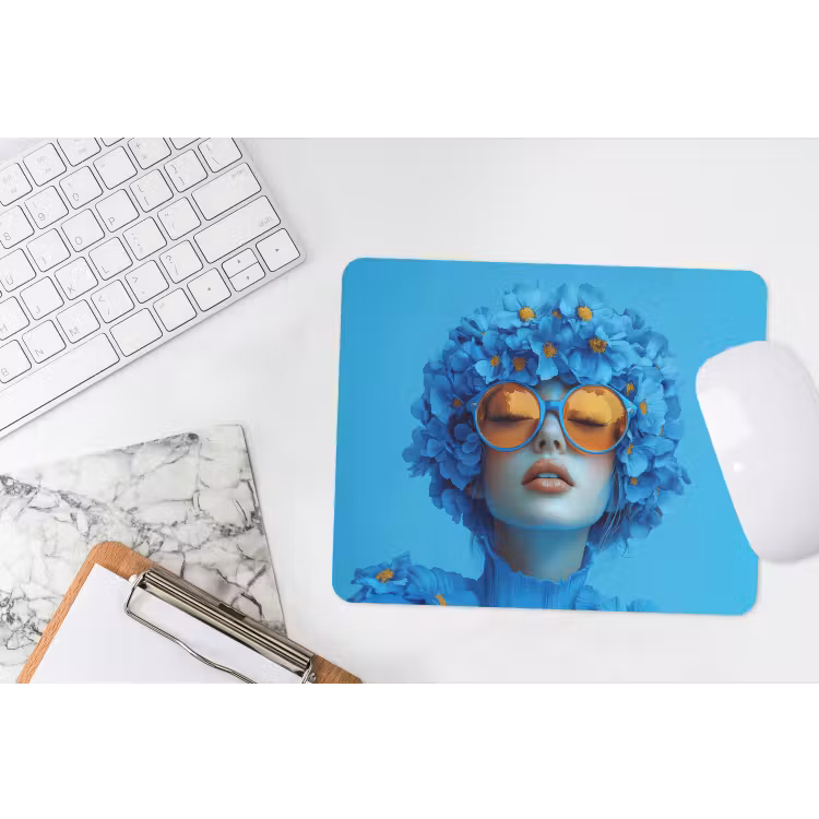 Vrouw - Bloem - Blauw - Modern - Bril - Portret muismat rubber klein -witbureau