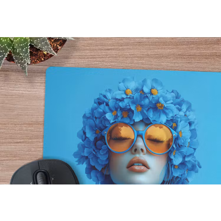 Vrouw - Bloem - Blauw - Modern - Bril - Portret muismat rubber klein -closeup