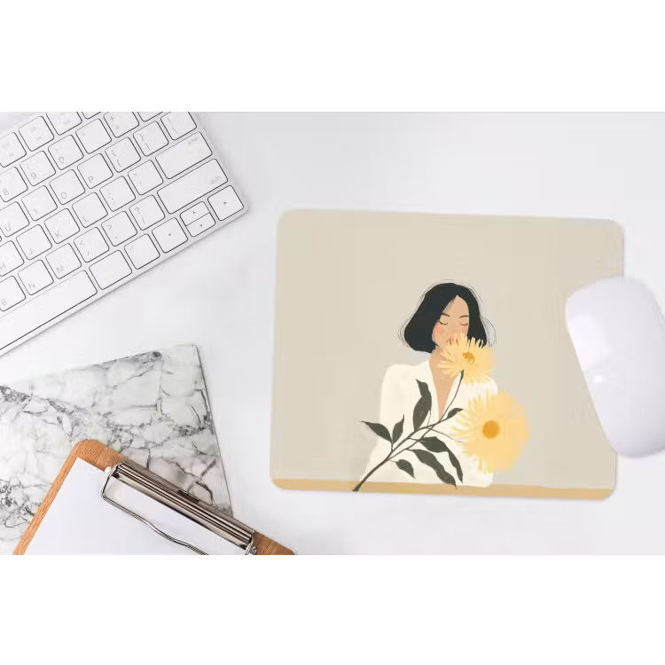 Vrouw - Bloem - Geel - Minimalistisch muismat rubber klein -witbureau